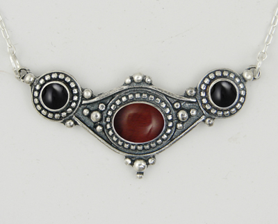 Sterling Silver Necklace With Red Tiger Eye Black Onyx